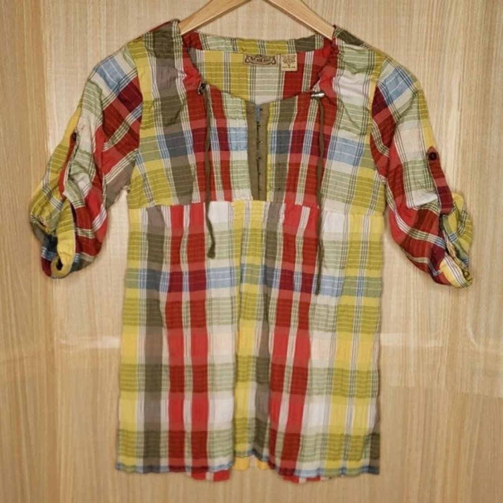 Art And Soul Boho Peasant Plaid Tunic Top Medium